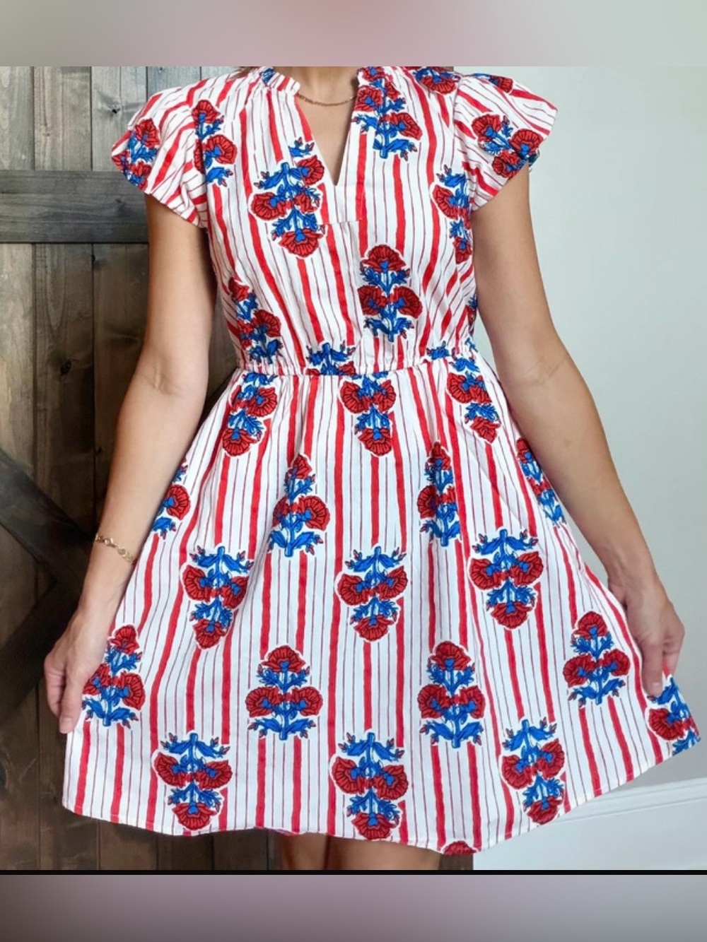 J. Crew Red & Blue Floral Stripe Cotton Dress